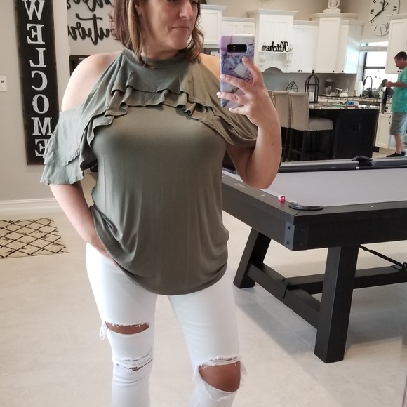 Cotton Bleu by Nu Label Tops - High Neck Ruffle Detail Cold Shoulder Top